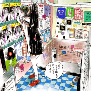 1girl black_eyes black_hair blush bow colored_skin dress emamemamo33 fingernails from_side full_body graffiti guitar_case hair_ornament hairclip hashtag-only_commentary highres holding indoors instrument_case iridescent_hair original patterned_clothing red_shoes shoes short_hair sign slice_of_life sneakers socks solo speech_bubble stairs stairwell thought_bubble tile_floor tile_wall tiles translated trash_can white_skin