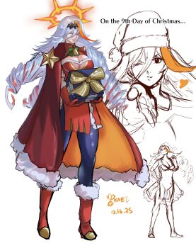 1girl ;o absurdres alternate_costume baldr_(fire_emblem_heroes) blowing_kiss blue_pantyhose boots breasts cape cleavage commentary dated doodle_inset dress drill_hair earrings fire_emblem fire_emblem_heroes gloves grey_hair halo heterochromia highres jewelry kaen_(yoltablaze) large_breasts long_hair looking_at_viewer multicolored_hair multiple_views nintendo one_eye_closed orange_hair orange_streaks pantyhose red_boots red_cape red_eyes red_gloves santa_costume santa_dress signature single_hair_streak smile solo streaked_hair two-tone_hair yellow_eyes