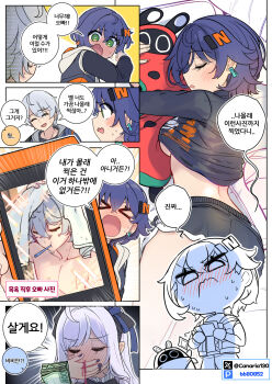 >_< 1boy 2girls belle_(zenless_zone_zero) black_shirt black_shorts blue_hair blush breasts closed_eyes cross_rock green_eyes hair_ornament hashtag-only_commentary highres holding holding_money korean_text letter_hair_ornament looking_at_viewer medium_breasts money mouth_hold multiple_girls nose_blush open_mouth shirt shorts sleeping toothbrush vivian_banshee wise_(zenless_zone_zero) zenless_zone_zero