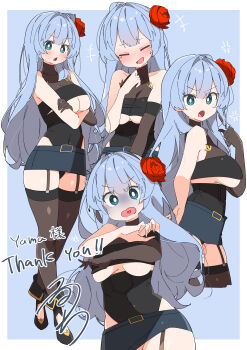 Rule 34 | !?, +++, 1girl, :d, :o, absurdres, anger vein, aqua eyes, asymmetrical gloves, black leotard, black skirt, black thighhighs, blue background, blue hair, blush, border, breasts, bright pupils, brown gloves, cleavage cutout, closed eyes, clothing cutout, commentary, commission, cowboy shot, cropped legs, crossed arms, elbow gloves, flower, full body, garter straps, gloves, hair flower, hair ornament, hand up, heart, heart in mouth, highres, laughing, leotard, long hair, looking at viewer, medium breasts, microskirt, multi-source commentary, multiple views, no nose, nose blush, open mouth, original, outside border, pencil skirt, red flower, red rose, rose, signature, simple background, skeb commission, skirt, smile, standing, tearing up, thank you, thighhighs, turn pale, twirling hair, underboob, uruti 2388, v-shaped eyebrows, white border, white pupils