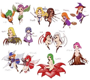 6+girls alura_une apron arachne_(castlevania) armor arthropod_girl arthropod_limbs bandana blonde_hair blue_hair blue_loincloth bobby_socks breasts broom broom_riding brown_hair castlevania:_aria_of_sorrow castlevania_(series) chibi completely_nude curly_(castlevania) dark_skin demon_girl dress dryad_(castlevania) durga_(castlevania) erinys_(castlevania) extra_arms flower green_hair green_wings grey_hair grey_wings harpy harpy_(castlevania) hat highres holding holding_polearm holding_sword holding_weapon insect_girl lance lilith_(castlevania) loincloth long_hair looking_at_viewer maid maid_apron maid_headdress mary_janes monster_girl multiple_girls navel no_nipples nude orange_hair orange_wings persephone_(castlevania) pink_hair plant_girl polearm ponytail purple_dress purple_hair purple_shoes red_flower red_hair red_loincloth red_wings saichuu_(more1208) shield shoes siren_(castlevania) socks spider_girl student_witch succubus_(castlevania) sword translated valkyrie valkyrie_(castlevania) weapon winged_arms winged_hat wings witch witch_(castlevania) witch_hat wooden_arm