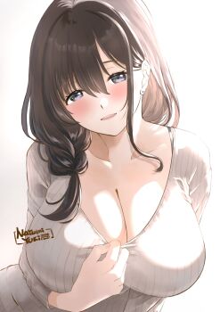 1girl artist_name blue_eyes blush braid breasts brown_hair cleavage clothes_pull collarbone commentary_request earrings hair_over_shoulder head_tilt highres jewelry large_breasts long_hair narumi_yuzurai open_mouth original ribbed_shirt shirt shirt_pull simple_background single_braid stud_earrings sweater white_background white_sweater