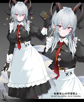 1girl alternate_costume apron black_choker black_dress black_gloves black_horns black_tail breasts button_gap choker closed_mouth commentary_request curled_horns demon_tail dress earrings enmaided gloves grey_hair hair_between_eyes highres holding hoootoke108 horns jewelry key_earrings large_breasts long_dress long_hair long_sleeves looking_at_viewer maid mole mole_under_eye multicolored_hair multiple_views necktie red_eyes red_necktie smile streaked_hair tail waist_apron wuthering_waves zani_(wuthering_waves)