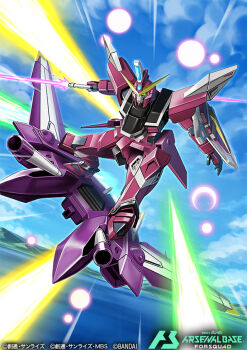 amasaki_yusuke blue_sky cloud copyright_name copyright_notice double_bladed_lightsaber energy_sword english_text flying gundam gundam_arsenal_base gundam_seed holding holding_sword holding_weapon justice_gundam lightsaber mecha no_humans outdoors robot sky sword weapon