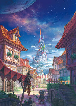 1other architecture bag barrel blue_sky building castle chimney city cityscape cloud crate day facing_away fantasy fence flag from_behind hat holding holding_staff horns house lantern moon multiple_others night original outdoors pants path planet plant potted_plant railing road scenery sky staff stairs standing star_(sky) starry_sky stone_floor stone_wall tower town tree window wooden_fence yukoiwase