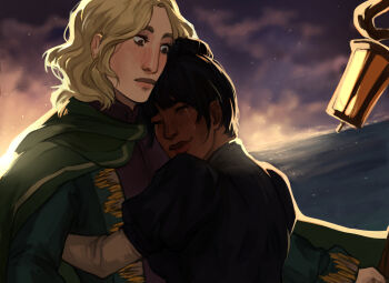 1boy 1girl arm_around_back arrapso backlighting black_eyes black_hair blonde_hair blue_vest blurry blurry_background cloak closed_eyes crying dutch_angle green_cloak grey_shirt hair_bun highres holding holding_staff hug kikka_the_steadfast lake_of_voices lantern light_particles non-web_source official_art shirt short_hair sidelocks staff streaming_tears sunrise surprised tears the_guide_(lake_of_voices) upper_body vest wavy_hair wide-eyed