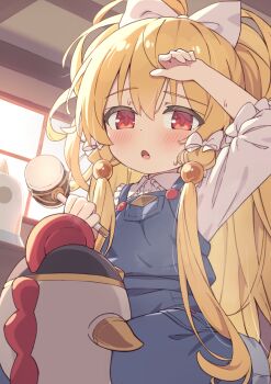 1girl :o arm_up blonde_hair blue_overalls blush bow collared_shirt commentary_request commission granblue_fantasy hair_bow hammer highres hiyaya_(kochi_michikaze) holding holding_hammer long_hair long_sleeves mahira_(granblue_fantasy) open_mouth overalls red_eyes shirt sitting skeb_commission solo sweat white_bow white_shirt