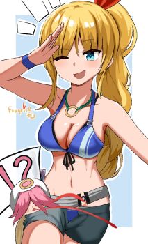 !? 1girl aroused_nosebleed bikini bikini_top_only blonde_hair blood blue_eyes breasts commentary_request fragrice heaven_burns_red kanzaki_adelheid kanzaki_adelheid_(sunflower) large_breasts navel nosebleed one_eye_closed open_mouth pink_hair ponytail sakuraba_seira salute shorts swimsuit