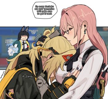 4girls absurdres animal_ear_fluff animal_ears black_gloves black_hair black_necktie black_skirt blonde_hair blue_horns blue_oni blue_skin breast_smother breasts colored_skin commentary dress_shirt earrings english_commentary face_to_breasts fingerless_gloves fox_ears fox_girl glasses gloves green_jacket hair_between_eyes hair_between_horns high-waist_skirt highres horns hoshimi_miyabi hourglass_earrings jacket jewelry large_breasts long_hair multiple_girls necktie oni open_mouth pencil_skirt pink_eyes pink_hair ponytail shirt short_hair sidelocks skirt soukaku_(zenless_zone_zero) trigger_(zenless_zone_zero) tsukishiro_yanagi white_hair white_shirt zanqi zenless_zone_zero