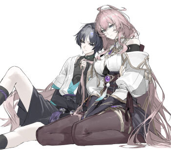 1boy 1girl ahoge armor artist_request bare_shoulders between_legs bishounen black_bodysuit black_bow black_bridal_gauntlets black_eyes black_hair black_shorts black_skirt black_sleeves blue_eyes blue_kimono blue_sleeves blunt_ends bodysuit bow breasts bridal_gauntlets bright_pupils brown_pantyhose character_request cleavage_cutout closed_mouth clothing_cutout commission couple electro_symbol_(genshin_impact) eyelashes eyeliner gem genshin_impact gold_thighlet hakama hakama_shorts hand_between_own_legs hetero highres huge_ahoge japanese_armor japanese_clothes jewelry juban kimono knee_up kote kurokote large_breasts layered_sleeves leaning_on_person long_hair long_sidelocks long_sleeves makeup mandarin_collar oc_x_canon open_clothes open_kimono original pantyhose parted_lips pink_hair playing_with_another's_hair pleated_shorts purple_gem purple_sash red_eyeliner sash scaramouche_(genshin_impact) second-party_source seiza shirt short_over_long_sleeves short_sleeves shorts shoulder_cutout shoulder_peek side-by-side sidelocks sitting skirt split_mouth thighlet tsurime very_long_hair wanderer_(genshin_impact) white_background white_kimono white_mouth white_pupils white_shirt white_sleeves wispy_bangs