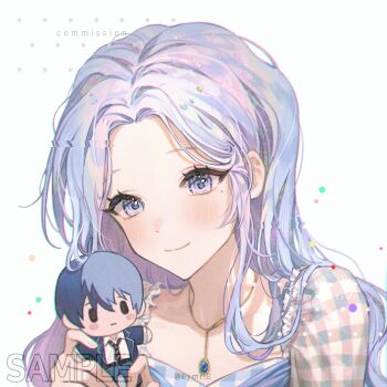 1girl artist_name blue_eyes blue_hair blush closed_mouth commentary commission doll dress english_commentary eyelashes forehead frilled_dress frills fymrie gem hands_up holding holding_doll jewelry light_blue_hair long_hair looking_at_viewer necklace original parted_bangs plaid_clothes plaid_dress sample_watermark sidelocks smile solo twitter_username upper_body watermark white_background