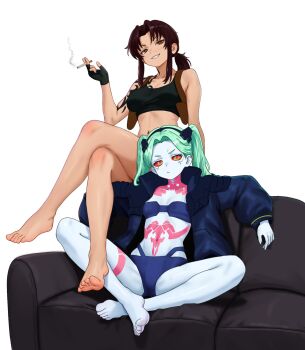 2girls bare_legs barefoot black_lagoon brown_eyes brown_hair cigarette colored_sclera colored_skin couch cyberpunk:_edgerunners cyberpunk_(series) fingerless_gloves gloves grey_skin grin highres holding holding_cigarette jacket looking_at_viewer multiple_girls nihu on_couch ponytail rebecca_(cyberpunk) red_sclera revy_(black_lagoon) simple_background smile smoking soles tattoo toes twintails white_background
