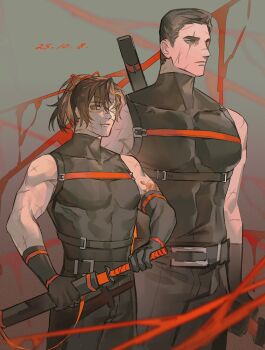 2boys abs bandaid bandaid_on_arm belt black_gloves black_hair black_shirt blue_eyes brown_eyes brown_hair chest_belt costume_request cowboy_shot elbow_gloves gloves gregor_(project_moon) hair_slicked_back high_ponytail highres holding holding_sword holding_weapon jing84672940 limbus_company male_focus meursault_(project_moon) multiple_boys muscular muscular_male official_alternate_costume pectorals ponytail project_moon scar scar_across_eye scar_on_face serious sheath shi_association_south_uniform shirt standing sword tight_clothes unsheathing weapon