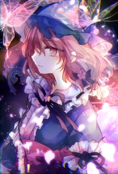 1girl black_ribbon blue_hat blue_kimono bug butterfly commentary frilled_kimono frills hat insect japanese_clothes kazu_(muchuukai) kimono long_sleeves medium_hair mob_cap neck_ribbon open_mouth pink_eyes pink_hair ribbon saigyouji_yuyuko sleeve_garter smile solo touhou triangular_headpiece