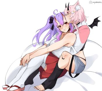 Rule 34 | 2024, 2girls, :3, artist name, bat wings, black shirt, blush, bow, cat girl, catnaps, highres, horns, hug, indie virtual youtuber, kiss, looking back, multiple girls, oni, pink hair, purple hair, red bow, shirt, sitting, syd karasukami, tapeanna, toes, virtual youtuber, waving, white background, wings, yuri