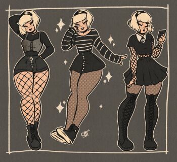 1girl absurdres black_boots black_hairband black_lips black_shirt black_skirt boots cellphone closed_eyes fishnet_pantyhose fishnets grey_background hairband highres holding holding_phone multiple_views pantyhose phone retro_artstyle sabrina_spellman sabrina_the_teenage_witch sgtmadness shirt short_hair short_sleeves skirt smartphone sparkle white_hair white_shirt