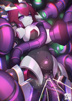 1girl black_leotard breasts character_request colored_nipples colored_skin commentary_request copyright_request cowboy_shot cum cum_in_pussy cum_overflow ejaculation grey_skin gummyrise highres large_breasts leotard parted_lips purple_eyes purple_hair purple_nipples restrained robot_girl saliva solo_focus spread_legs tentacle_sex tentacles