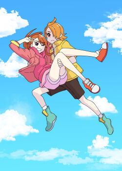 Rule 34 | 1boy, 1girl, aqua shoes, asymmetrical bangs, black shorts, blue sky, brown hair, carrying, casual, closed mouth, cloud, cloudy sky, commentary, day, flying, frown, grin, hair over one eye, highres, hijiri ageha, hirogaru sky! precure, hood, hoodie, jacket, long hair, long sleeves, looking at viewer, one eye closed, open clothes, open jacket, orange hair, outdoors, pink hoodie, pink jacket, pink shorts, precure, princess carry, purple eyes, red eyes, shirt, shoes, short hair, short sleeves, shorts, sky, smile, ueyama michirou, v, v over eye, yellow shirt, yuunagi tsubasa