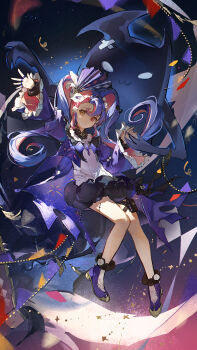 1girl arm_up black_shorts closed_mouth cropped_jacket frilled_sleeves frills full_body heterochromia highres jacket long_sleeves looking_at_viewer multicolored_hair outstretched_arm pink_hair purple_hair purple_jacket purple_shoes red_eyes roccia_(wuthering_waves) shirt shoes shorts solo split-color_hair tacet_mark_(wuthering_waves) twintails two-tone_hair white_shirt wide_sleeves wuthering_waves yellow_eyes zeriko
