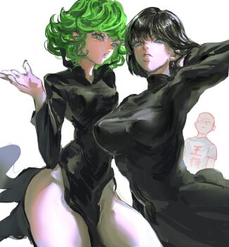 black_dress breasts dress fubuki_(one-punch_man) green_eyes green_hair highres one-punch_man saitama_(one-punch_man) simple_background tatsumaki uu0000322 white_background