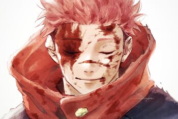 Rule 34 | 1boy, 28cg, absurdres, black jacket, blood, blood on clothes, blood on face, buttons, closed eyes, closed mouth, dirty, facial mark, facing viewer, film grain, gakuran, high collar, highres, hood, hood down, hoodie, injury, itadori yuji, jacket, jujutsu kaisen, jujutsu tech uniform, male focus, pink hair, portrait, red hoodie, scar, scar on face, school uniform, short hair, signature, simple background, smile, solo, spiked hair, undercut, white background