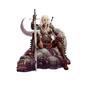 1girl armor artist_request belt between_breasts boots breasts chainmail crystal_maiden_(series) full_body game_cg giselle_(crystal_maidens) groin hair_over_shoulder highres holding holding_sword holding_weapon monster official_art shoulder_armor sitting solo strap_between_breasts sword sword_on_back transparent_background variant_set weapon weapon_on_back white_hair yellow_eyes