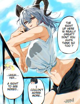 Rule 34 | 1girl, against railing, alternate costume, armpit crease, artist name, black bra, black horns, black shorts, blue sky, bra, bra visible through clothes, can, chromatic aberration, commentary, curled horns, dated, day, drink can, english commentary, english text, female rover (wuthering waves), grey hair, hair between eyes, highres, holding, holding can, horns, kakesu2396, leaning forward, long hair, multicolored hair, navel, open fly, outdoors, parted lips, phoebe (wuthering waves), railing, red eyes, rover (wuthering waves), shirt, shorts, sky, smile, solo, stomach, streaked hair, sweat, tied shirt, underwear, white shirt, wuthering waves, zani (wuthering waves)