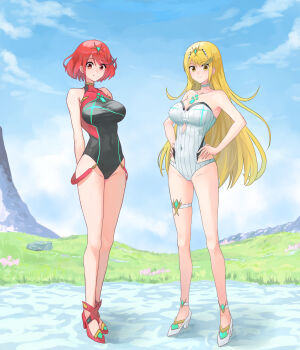 2girls breasts gari highres large_breasts multiple_girls mythra_(radiant_beach)_(xenoblade) mythra_(xenoblade) pyra_(pro_swimmer)_(xenoblade) pyra_(xenoblade) xenoblade_chronicles_(series) xenoblade_chronicles_2