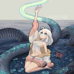 1girl animated arm_up blue_eyes breasts bug butterfly flower highres insect looking_up magic navel original outdoors partially_submerged pixel_art see-through_clothes shibairo sideboob sitting snake tagme torii unzipped video water white_hair