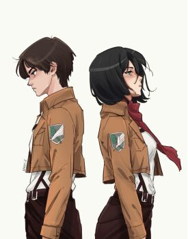 1boy 1girl back-to-back belt belt_buckle black_hair brown_hair brown_jacket buckle closed_mouth cowboy_shot eren_yeager from_side hashtag-only_commentary highres jacket mikasa_ackerman military_jacket open_clothes open_jacket profile red_scarf scarf shingeki_no_kyojin shirt short_hair simple_background survey_corps_(emblem) suspenders uvol_3 white_shirt