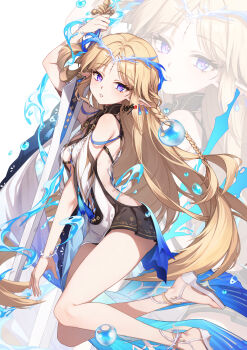 1girl arm_up bare_shoulders black_dress blue_eyes braid breasts cartethyia_(wuthering_waves) commentary crown_of_thorns dress earrings high_heels highres holding holding_sword holding_weapon jewelry kyjsogom looking_at_viewer medium_breasts multiple_earrings parted_bangs parted_lips pointy_ears shoes sidelocks solo sword tabard tacet_mark_(wuthering_waves) weapon white_shoes white_tabard wuthering_waves zoom_layer