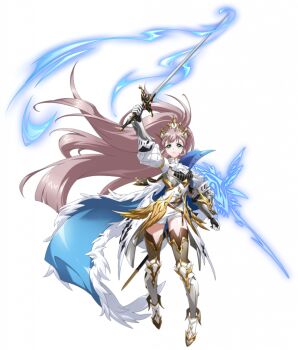 1girl arm_above_head arm_guards arm_up armor armored_boots ascot aura belt blue_cape boots breastplate brown_thighhighs cape closed_mouth eshean_(langrisser) feather_trim feathers floating_clothes floating_hair full_body game_cg gauntlets gloves glowing glowing_sword glowing_weapon gold_trim golden_wings green_eyes holding holding_sword holding_weapon knight langrisser langrisser_mobile light_frown long_hair looking_at_viewer official_art pink_hair ponytail puffy_sleeves serious shirt shoes short_shorts shorts simple_background solo standing sword tachi-e thighhighs third-party_source tiara transparent_background unsheathed very_long_hair weapon white_shirt white_shoes white_shorts wing_decorations zettai_ryouiki
