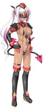 1girl absurdres aoi_masami asamiya_minami black_gloves blindfold boots breasts corruption covered_erect_nipples dark-skinned_female dark_persona dark_skin demon_girl demon_tail elbow_gloves full_body game_cg gloves hand_on_own_hip hat high_heels highres large_breasts large_variant_set long_hair mask navel non-web_source official_art pubic_tattoo side_ponytail slave_gear_(tsmg_nao!) slave_ignis slave_visor_(tsmg_nao!) slingshot_swimsuit smile solo standing swimsuit tachi-e tail tattoo thigh_boots thigh_strap thighhighs transparent_background ts_magical_girl_nao variant_set wings