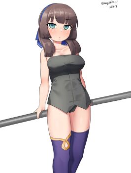 1girl absurdres black_hair black_panties black_shirt blue_hairband breasts brown_hair commentary_request cowboy_shot dated freckles green_eyes hairband highres kantai_collection long_hair looking_at_viewer maru_(marg0613) mogador_(kancolle) panties purple_thighhighs ribbon shirt solo strapless strapless_shirt thighhighs underwear white_background