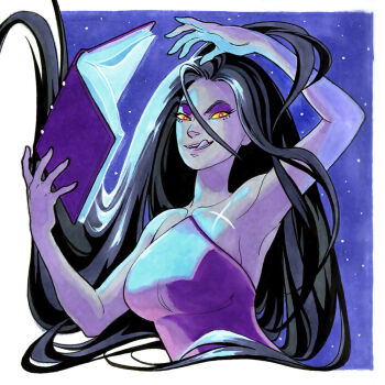 1girl armpits arms_up black_hair blue_background blue_light blue_sky book border breasts bright_pupils collarbone colored_sclera colored_skin commentary cool_colored dress english_commentary eris_(sinbad) eyeshadow fleebites floating floating_object glowing holding holding_book long_hair looking_at_viewer makeup marker_(medium) night open_mouth parted_lips purple_dress purple_eyeshadow purple_skin red_eyes sinbad:_legend_of_the_seven_seas sky sleeveless sleeveless_dress smile star_(sky) starry_sky strapless strapless_dress tongue tongue_out traditional_media upper_body very_long_hair white_border white_pupils yellow_sclera