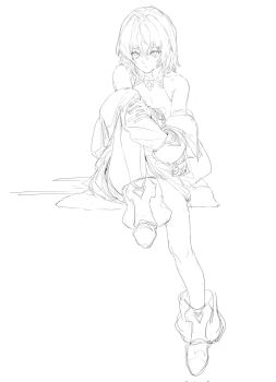 1girl alucard_pie ange_katrina ange_katrina_(summer_casual) ankle_boots bare_shoulders boots coat commentary full_body greyscale hair_between_eyes hair_intakes highres knee_up long_bangs medium_hair monochrome nijisanji off_shoulder simple_background sitting solo virtual_youtuber