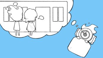 1girl 1other blanket blue_background chibi chibi_only clock coat coat_on_shoulders commentary dante_(limbus_company) dated_commentary dreaming faust_(project_moon) fire flaming_head greyscale_with_colored_background hands_up highres ivy_(675671) limbus_company mephistopheles_(project_moon) object_head pillow project_moon short_hair simple_background speech_bubble symbol-only_commentary thought_bubble