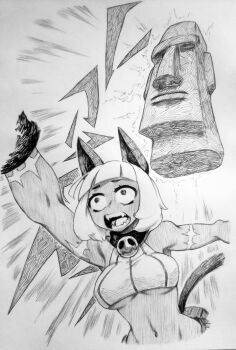 1girl absurdres bell breasts chronozbergh collar commentary constricted_pupils double_(skullgirls) english_commentary fangs graphite_(medium) greyscale highres large_breasts moai monochrome ms._fortune_(skullgirls) navel neck_bell open_mouth outstretched_arms scar skullgirls traditional_media transformation