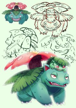 absurdres bright_pupils bulbasaur claws commentary_request fangs flower gen_1_pokemon highres leaf nintendo no_humans on_head open_mouth pink_flower plant pokemon pokemon_(creature) pokemon_frlg pokemon_on_head red_eyes shoupitsuki simple_background smile standing venusaur white_pupils