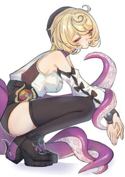 1girl bare_shoulders beret black_hat black_shoes black_shorts black_thighhighs blonde_hair breasts commentary_request cowlick czc9q2 detached_sleeves from_side half-closed_eyes hat high-waist_shorts highres large_breasts mole mole_under_mouth own_hands_together parted_lips purple_eyes shirt shoes short_hair shorts simple_background solo squatting suction_cups tentacle_girl tentacle_tail tentacles thighhighs white_background white_shirt yidhari_murphy zenless_zone_zero