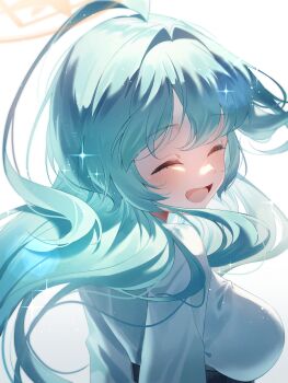 Rule 34 | 1girl, absurdres, ahoge, aqua hair, blue archive, blush, breasts, closed eyes, commentary, halo, highres, huge ahoge, large breasts, long hair, long sleeves, lovelykirby 125, open mouth, shirt, simple background, solo, upper body, white background, white shirt, yellow halo, yume (blue archive)