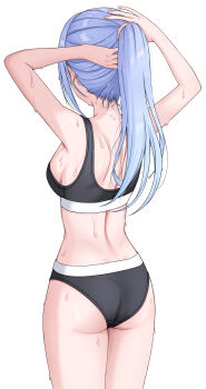 1girl absurdres adjusting_hair armpits arms_behind_head arms_up ass back bare_shoulders black_panties black_sports_bra blue_hair breasts facing_away from_behind hair_lift hands_in_own_hair highres holding holding_own_hair idolmaster idolmaster_shiny_colors long_hair medium_breasts midriff panties ponytail shoulder_blades sideboob solo sports_bra sports_panties sportswear standing sulgi_park suzuki_hana sweat underwear underwear_only workout_clothes