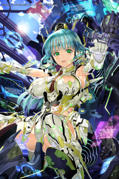 1girl :d aqua_hair armpits bad_id bad_pixiv_id bodysuit boots breasts breasts_apart cable circlet cloud cockpit covered_erect_nipples crotch dated drill_hair female_focus floating_screen from_below gloves glowing green_eyes halterneck headset highleg highleg_leotard highres impossible_clothes impossible_leotard large_breasts lens_flare leotard long_hair looking_at_viewer nakabayashi_reimei necktie neon_trim official_art open_mouth outstretched_arms science_fiction sitting skin_tight sky smile solo spread_legs star_galaxy sun thighhighs turtleneck vedette_yuly very_long_hair window wing_collar