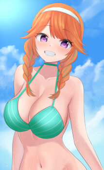 1girl absurdres bikini blush braid breasts choker cleavage cloud cloudy_sky collarbone commentary_request day green_bikini green_choker green_streaks grin hairband highres hololive hololive_english large_breasts long_hair looking_at_viewer multicolored_hair navel orange_hair outdoors parted_bangs purple_eyes ramkilog sky smile solo streaked_hair swimsuit takanashi_kiara twin_braids upper_body virtual_youtuber white_hairband