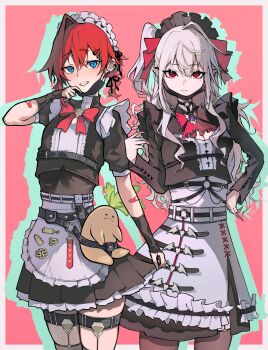 Rule 34 | 2girls, absurdres, adjusting mask, akechi (akechi 5416), alternate costume, ange katrina, apron, arm warmers, ascot, bandaid, bandaid on arm, barbell piercing, bat ornament, belt, black arm warmers, black belt, black choker, black headdress, black mask, black shirt, black skirt, blue eyes, border, bow, bowtie, breasts, brooch, brown thighhighs, choker, cleavage, cleavage cutout, closed mouth, clothing cutout, colored shadow, commentary request, cowboy shot, drop shadow, ear piercing, earrings, enmaided, eyelashes, fingernails, frilled apron, frilled shirt, frilled skirt, frills, front slit, gem, genderswap, genderswap (mtf), grey border, grey hair, grin, hair between eyes, hair ornament, hairclip, hand on own hip, hand up, high-waist skirt, highres, holding own skirt, industrial piercing, jewelry, kuzuha (nijisanji), layered skirt, legwear garter, light blush, light frown, long fingernails, long hair, long sidelocks, long sleeves, looking at viewer, maid, maid headdress, mandragora, mandragora (ange katrina), mask, mask pull, medium breasts, miniskirt, mole, mole under eye, mouth mask, multiple earrings, multiple girls, nail polish, nijisanji, o-ring, o-ring choker, one side up, outside border, piercing, pink ascot, pink background, pink bow, pink bowtie, pleated skirt, pointy ears, purple gem, red eyes, red hair, red nails, sanya (nijisanji), shadow, sharp fingernails, shirt, short sleeves, sidelocks, single hair intake, skirt, small breasts, smile, thighhighs, underbust, very long hair, virtual youtuber, waist apron, white headdress, white skirt