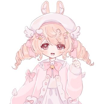 1girl :3 adjusting_clothes adjusting_headwear animal_ears arm_at_side arm_bow bell beret borrowed_character bow bowtie brooch cardigan carrot_hair_ornament collar commission cowlick curly_hair dot_nose dress drill_hair food-themed_hair_ornament frilled_collar frills fur-trimmed_sleeves fur_trim hair_bow hair_ornament hair_ribbon hand_up happy hat heart heart_hair_ornament jewelry jingle_bell lolita_fashion long_hair lower_teeth_only mrsnanapple neck_bell open_cardigan open_clothes open_mouth orange_hair original pastel_colors pink_bow pink_bowtie pink_cardigan pink_eyes pink_ribbon rabbit_brooch rabbit_ears ribbon second-party_source short_eyebrows simple_background skeb_commission solo star_(symbol) star_in_eye straight-on swept_bangs symbol_in_eye tachi-e teeth triangle_hair_ornament twin_drills upper_body white_background white_collar white_dress white_hat winged_hat