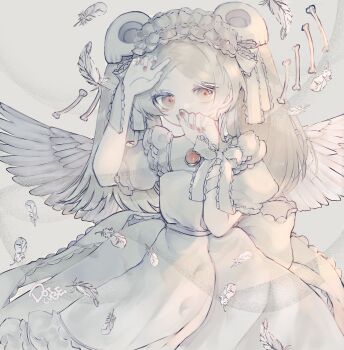 1girl absurdres adapted_costume apron bloody_marie_(skullgirls) bone brooch dotcube feathers grey_hair hair_ornament hands_up highres jewelry juliet_sleeves long_sleeves maid_headdress nail_polish puffy_sleeves red_eyes red_nails short_sleeves skull_hair_ornament skullgirls solo twintails wings