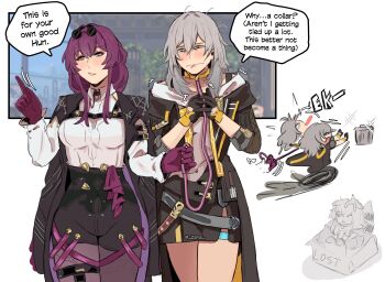 2girls absurdres belt breasts buckle collar commentary cowboy_shot english_commentary english_text gloves grey_hair hair_between_eyes highres honkai:_star_rail honkai_(series) jacket kafka_(honkai:_star_rail) leash long_hair multiple_girls off_shoulder purple_eyes purple_hair shirt skirt speech_bubble stelle_(honkai:_star_rail) sunglasses thigh_strap thighs trailblazer_(honkai:_star_rail) trash_can twitter_username yuri zanqi