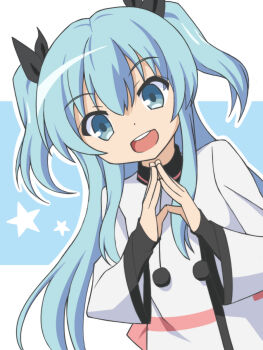 1girl artist_request blue_eyes blue_hair blush dot_nose female_focus hair_between_eyes hair_ribbon long_hair long_sleeves looking_at_viewer noel_(sora_no_method) open_mouth own_hands_together pom_pom_(clothes) ribbon sleeves_past_wrists solo sora_no_method source_request standing star_(symbol) teeth