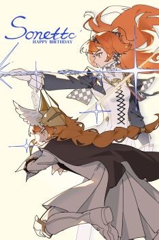 2girls black_cape boots cape character_name checkered_hairband commentary cowboy_shot dress dual_persona eden_(shengaoneng) english_commentary english_text fighting_stance floating_hair from_side glass_pen gloves green_eyes hair_ornament hairband happy_birthday highres holding holding_pen long_braid long_hair multiple_girls orange_hair outstretched_arm pen profile reverse:1999 running sonetto_(reverse:1999) sonetto_(the_steadfast_heart)_(reverse:1999) sparkle two_side_up white_boots white_dress white_gloves wing_hair_ornament yellow_background